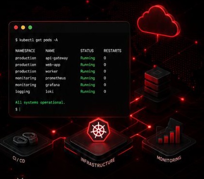 DevOps infrastructure dashboard with Kubernetes, cloud and monitoring nodes
